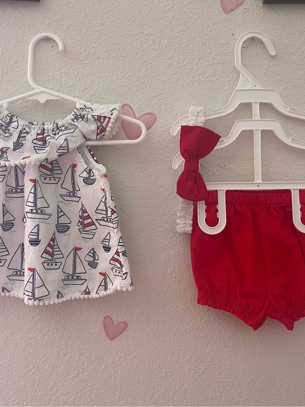 Little Me Red Shorts and White Sailboat Print Top Set with headband.